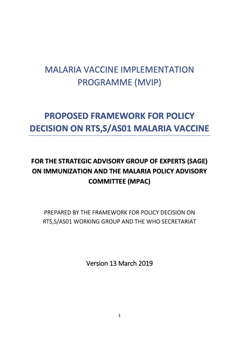 Proposed framework for policy decision on RTS,S/AS01 Malaria vaccine