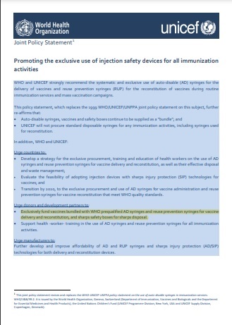 Joint Policy Statement: promoting the exclusive use of injection safety devices for all immunization activities