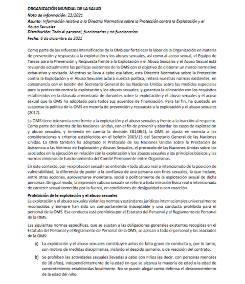 Información relativa a la Directriz Normativa sobre la Protección contra la Explotación y el Abuso Sexuales