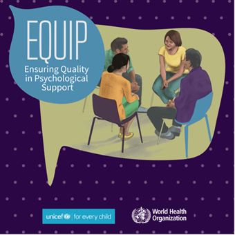 An illustration of four people sitting on chairs facing each other and the text 