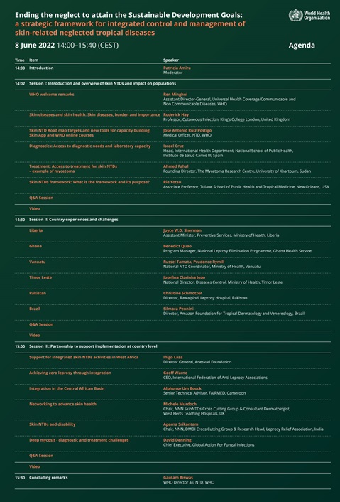 Agenda – «Poner fin a la desatención para alcanzar los Objetivos de Desarrollo Sostenible: marco estratégico para el control y la gestión integrados de las enfermedades tropicales desatendidas relacionadas con la piel»