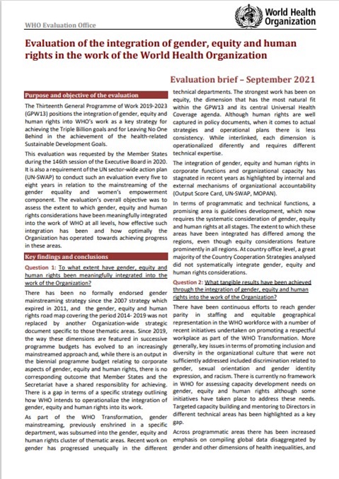 Evaluation of the integration of gender, equity and human
rights in the work of the World Health Organization: Evaluation brief – September 2021