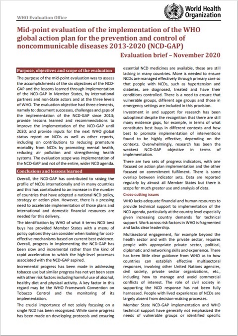 Evaluación de mitad de periodo de la ejecución del Plan de Acción Mundial para la Prevención y el Control de las Enfermedades No Transmisibles 2013-2020 (PAM-ENT)