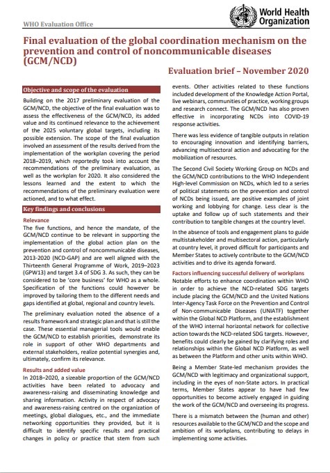 Final evaluation of the global coordination mechanism on the prevention and control of noncommunicable diseases (GCM/NCD): Evaluation brief – November 2020