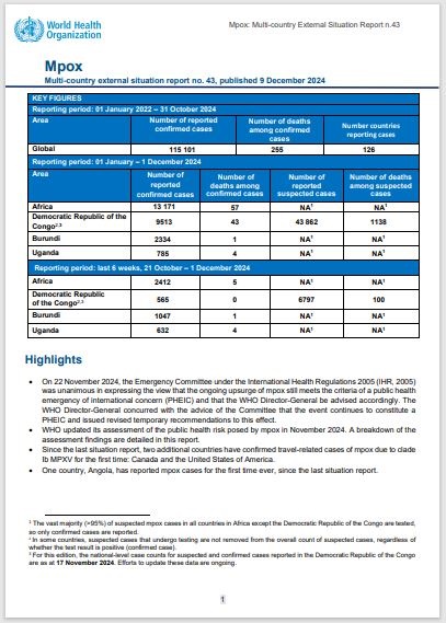 Multi-country outbreak of mpox, External situation report #43 – 9 December 2024
