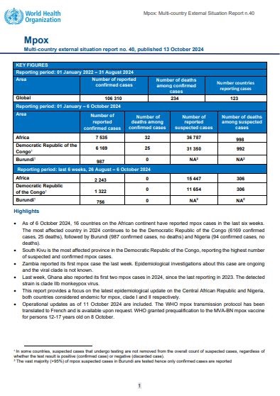 Multi-country outbreak of mpox, External situation report#40- 13 October 2024