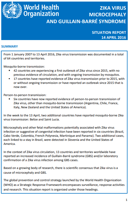 Zika situation report - 14 April 2016