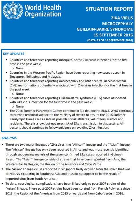 Zika situation report - 15 September 2016