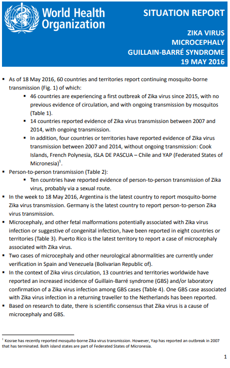 Zika situation report - 19 May 2016