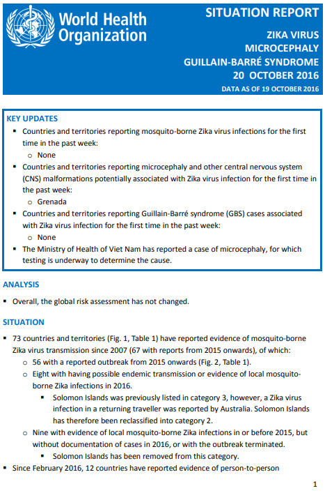 Zika situation report - 20 October 2016