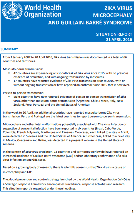 Zika situation report - 21 April 2016