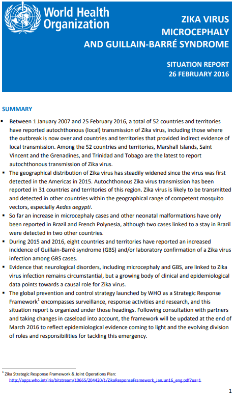 Zika situation report - 26 February 2016