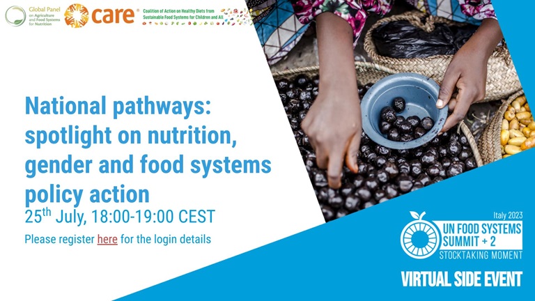 United Nations Food Systems Summit +2 Stocktaking Moment – side event : National Pathways: Spotlight on nutrition, gender and food system policy actions flyer