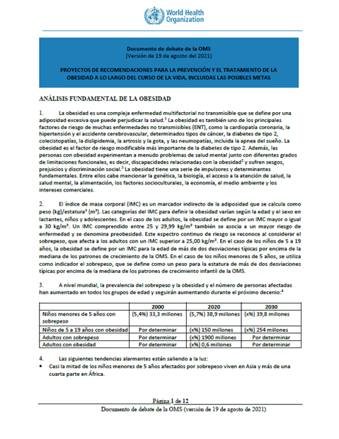 Documento de debate de la OMS: Proyectos de recommendaciones para la prevención y el tratamiento de la obesidad a lo largo del curso de la vida, includes las posibles metas