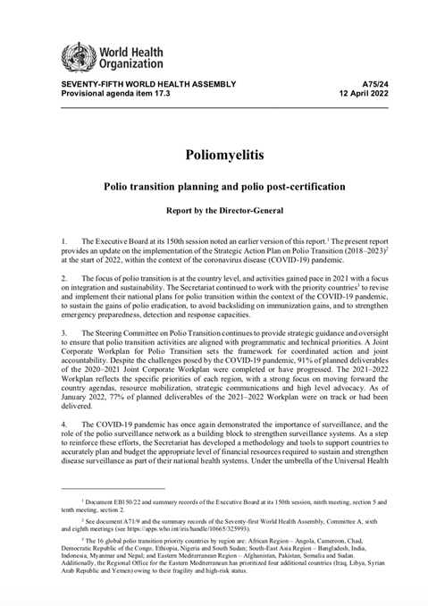 Polio transition planning and polio post-certification: Report by the Director-General