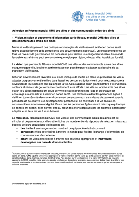 Adhésion au Réseau mondial OMS des villes et des communautés amies des aîné