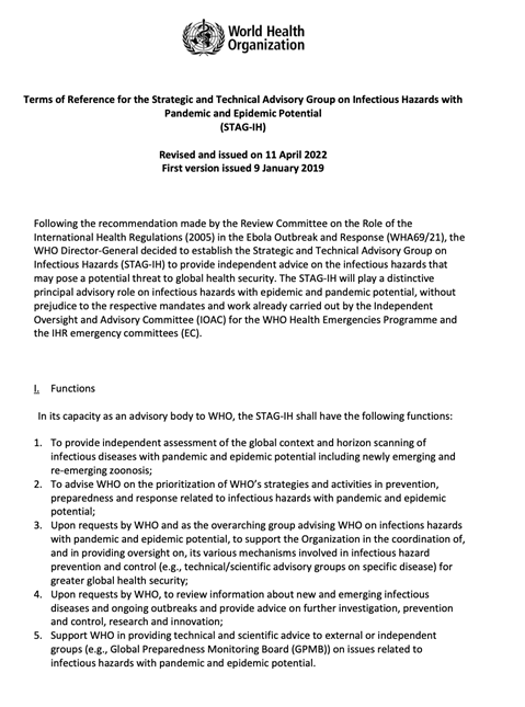 Strategic and Technical Advisory Group on Infectious Hazards with Pandemic and Epidemic Potential (STAG-IH) Terms of reference