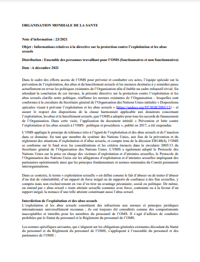 Informations relatives à la directive sur la protection contre l’exploitation et les abus sexuels