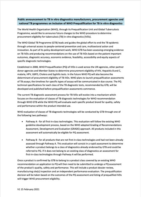 Public announcement to TB in vitro diagnostics manufacturers