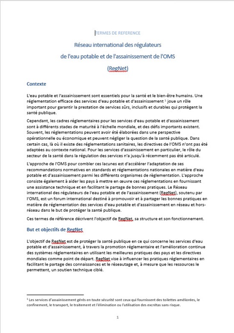 Terms of reference of the WHO International Network of Drinking-water and Sanitation Regulators (RegNet)