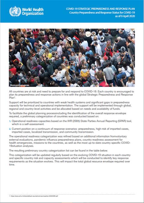 Updated Country Preparedness and Response Status for COVID-19 as of 9 April 2020