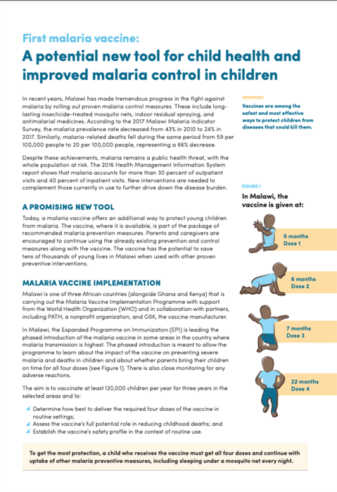 Malawi brochure: First malaria vaccine: A potential new tool for child health and improved malaria control in children