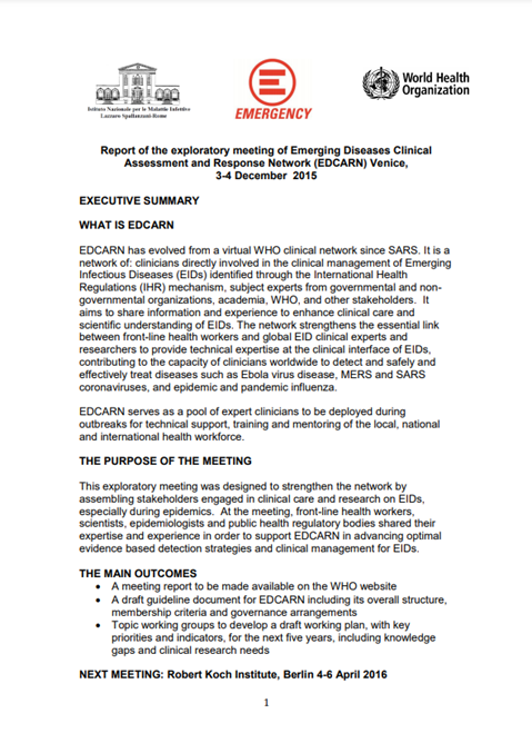 Report of the exploratory meeting of Emerging Diseases Clinical Assessment and Response Network (EDCARN) Venice, 3-4 December 2015