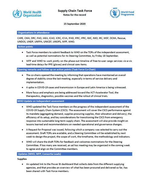 Supply Chain Task Force notes for the record 15 September 2020