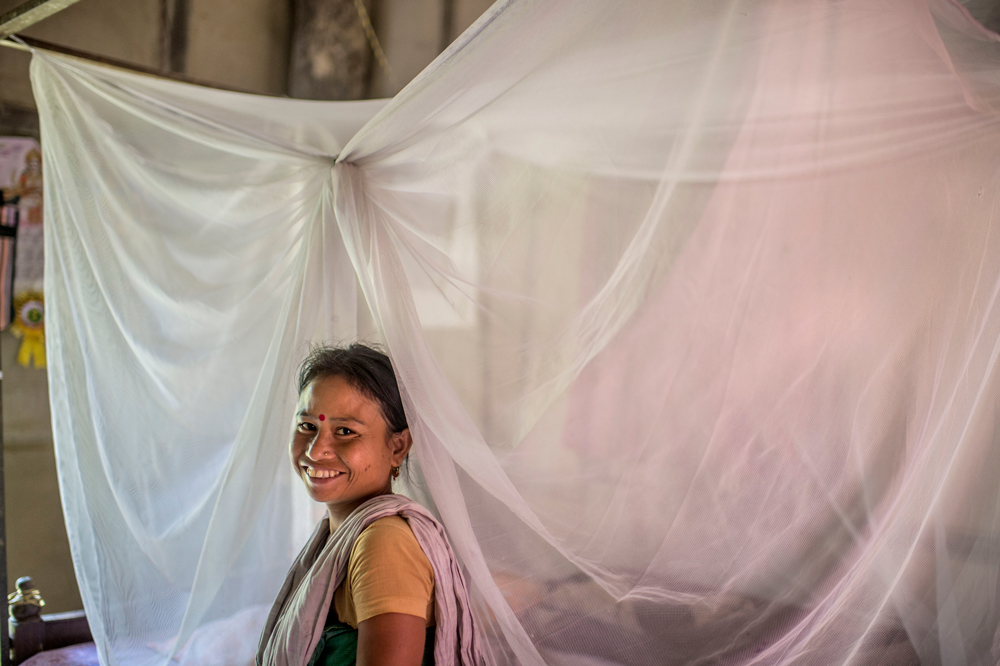 Woman under mosquito net in India.