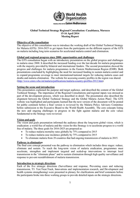 Consultation for the Regional Office for the Eastern Mediterranean in Casablanca, Morocco, 15–16 April 2014