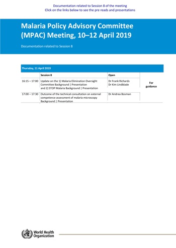 Malaria Policy Advisory Committee to the WHO: Session 8 of the April 2019 meeting
