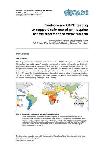Meeting Report Of The Evidence Review Group On Point Of Care G6pd Testing To Support Safe