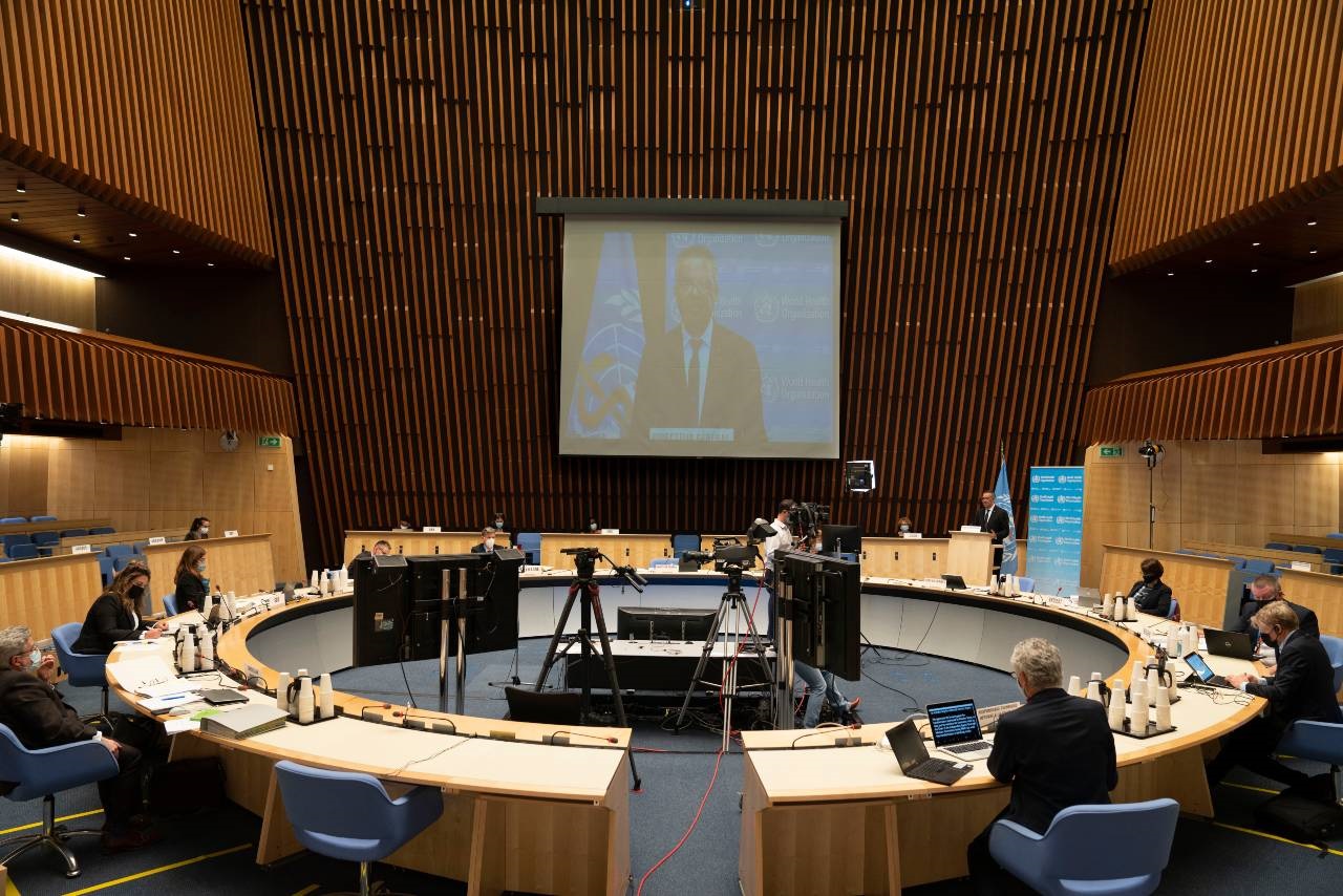 WHO_EB148_18JAN2021_173-2 WHO Executive Board room at headquarters during the 148th Executive Board meeting.