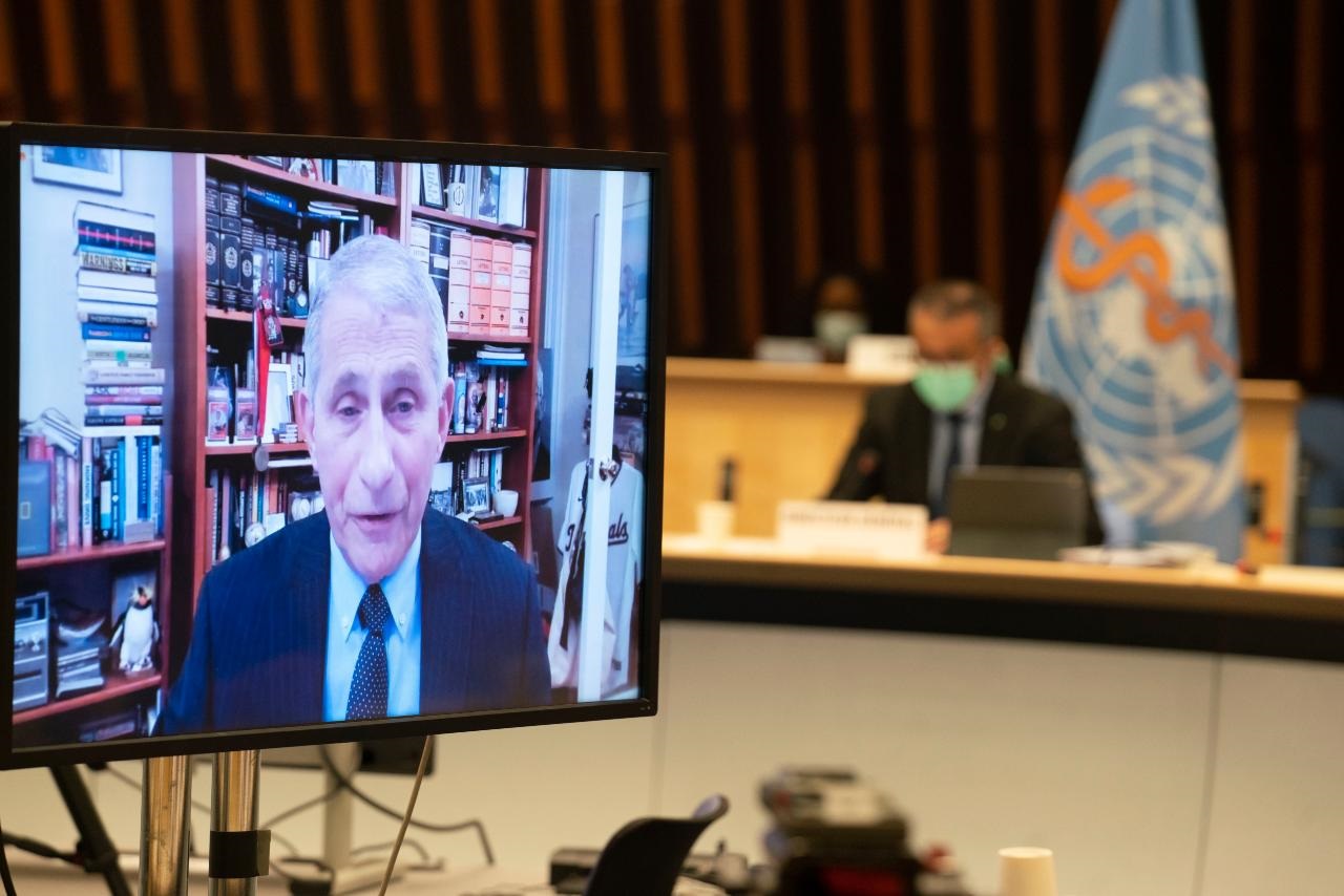 WHO_EB148_20JAN2021_002 Dr Anthony S. Fauci on screen with Dr Tedros in the background.