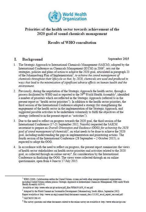 Priorities of the health sector towards achievement of the
2020 goal of sound chemicals management