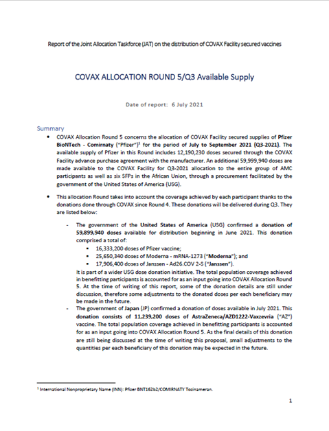 Report of the Joint Allocation Taskforce - on the distribution of COVAX Facility secured vaccines: 6 July 2021