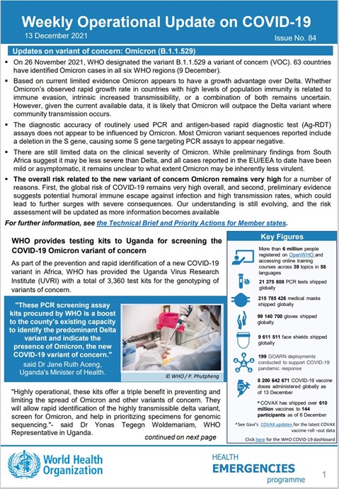 Weekly operational update on COVID-19 - 13 December 2021