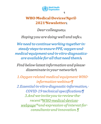 WHO Medical Devices April 2021
Newsletter