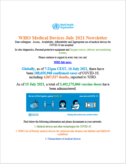 WHO Medical Devices July 2021
Newsletter