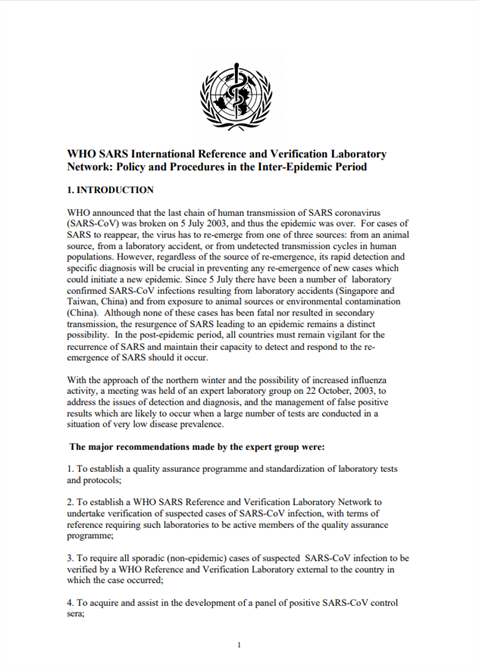 WHO SARS International Reference and Verification Laboratory Network: Policy and Procedures in the Inter-Epidemic Period