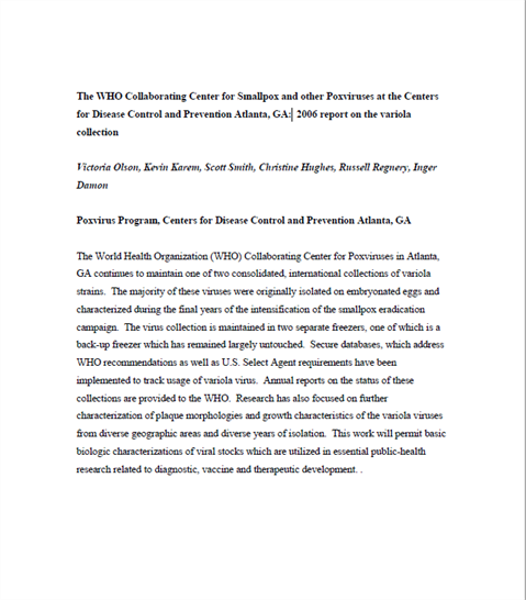 Smallpox abstract: 2006 report on the variola collection