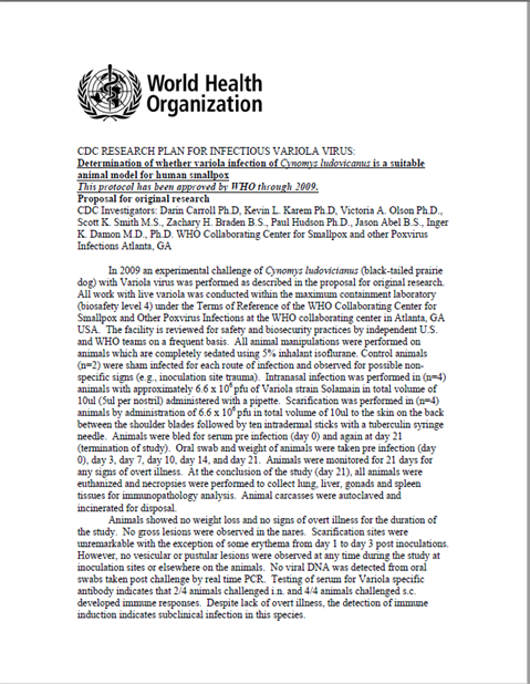 Smallpox abstract: Determination of whether variola infection of Cynomys ludovicanus is a suitable animal model for human smallpox
