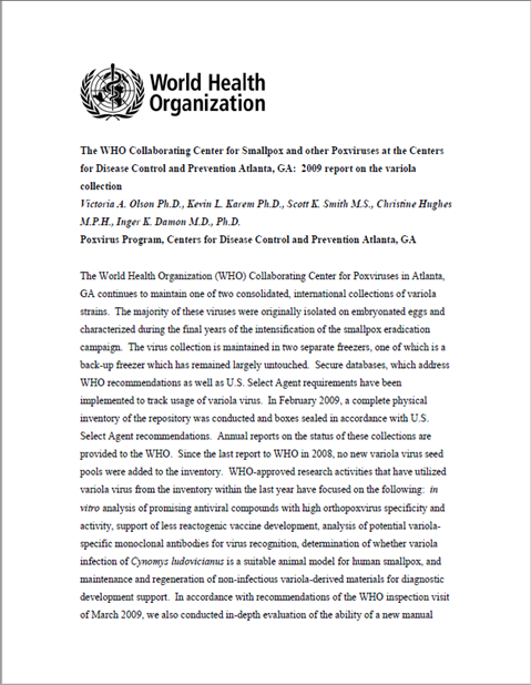 Smallpox abstract: 2009 report on the variola collection