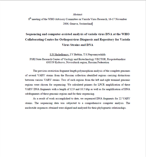 Smallpox abstract: Sequencing and computer-assisted analysis of variola virus DNA at the WHO Collaborating Centre for Orthopoxvirus Diagnosis and repository for variola virus strains and DNA