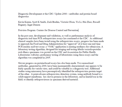 Smallpox abstract: CDC update 2006 – antibodies and protein based diagnostics