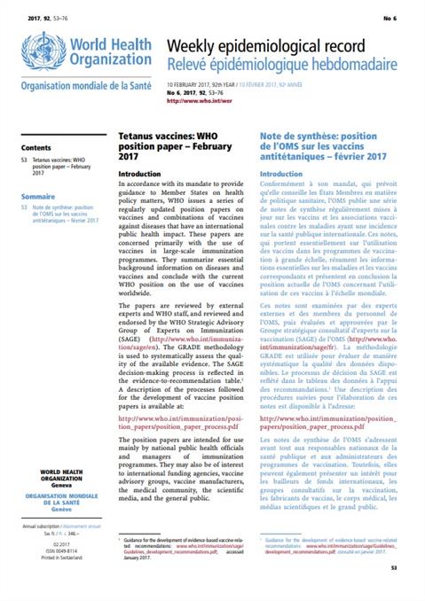 Tetanus Vaccines Who Position Paper February 2017