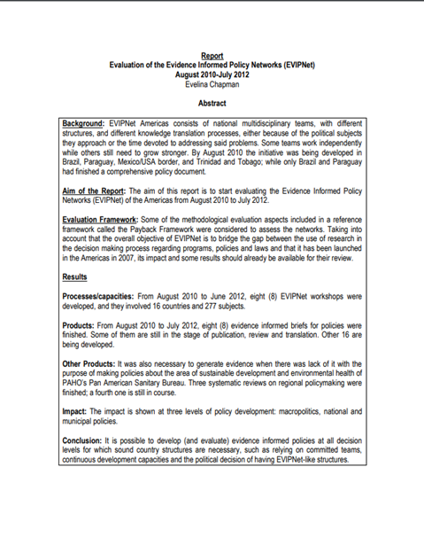 Evaluation of the Evidence Informed Policy Networks (EVIPNet) in Americas August 2010 - July 2012