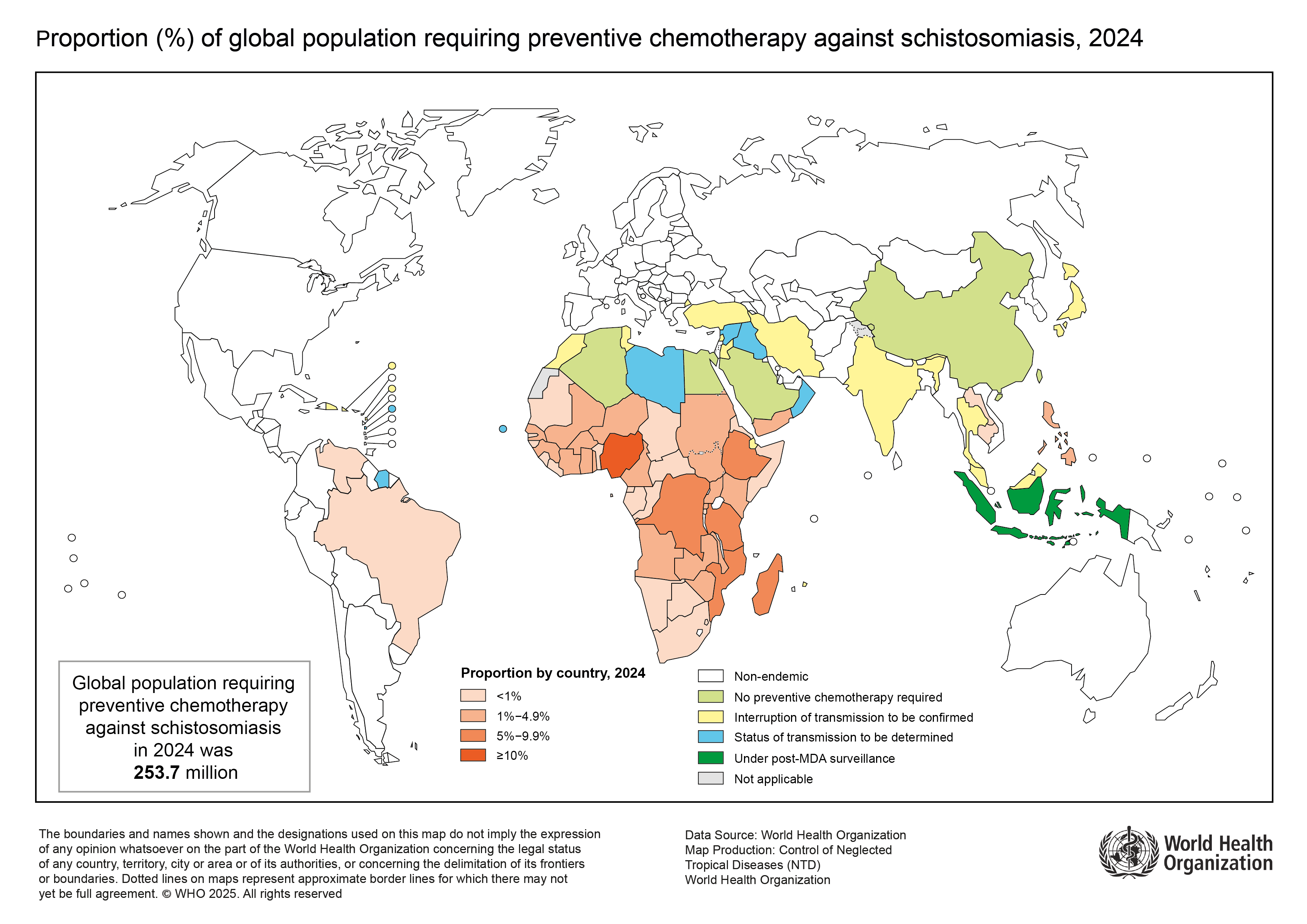 Figure 2: A map of the distribution of schistosomiasis in 2024, as represented by the proportion of a country's population that requires praziquantel treatment (i.e., preventative chemotherapy). Praziquantel is referred to as "preventative chemotherapy" because it clears people of the worm infection, thereby preventing schistosomiasis disease. (Source: [World Health Organization