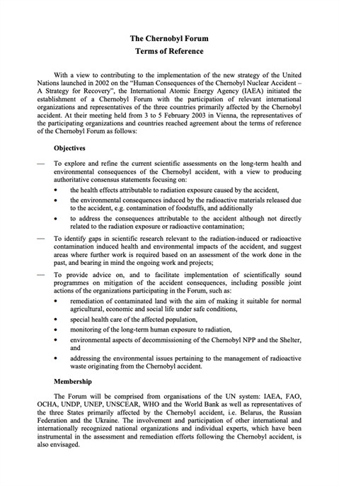 The Chernobyl Forum: terms of reference