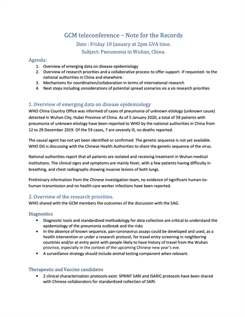 GCM teleconference on Pneumonia of unknown etiology in Wuhan, China – Note for the Records - 10 January 2020